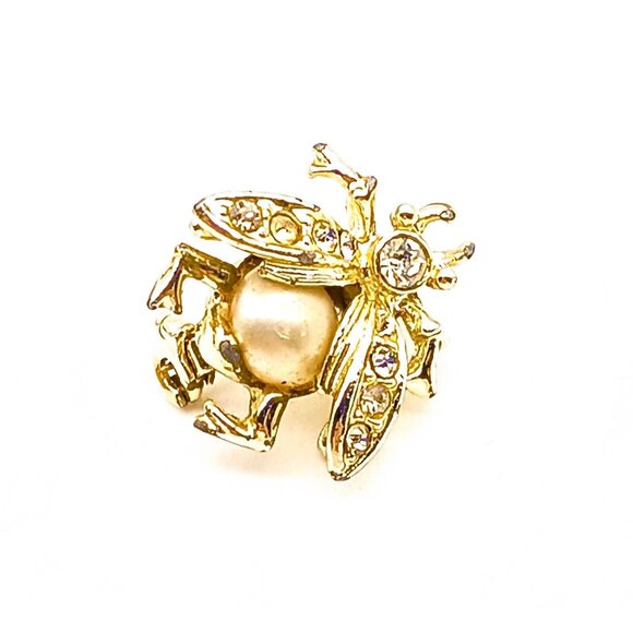 Sweet Vintage Bug Brooch, Tiny Flying Insect Lapel Pin with Faux Pearl Cabochon - Picture 1 of 3